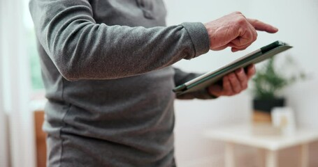 Poster - Hands, scroll or old man with tablet in home for online info or research on internet in retirement. House, technology or closeup of a senior male person reading blog news on website or social media