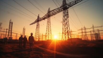 Poster - Silhouette workers on background of construction crews to work on construction of the extension of high - voltage towers. Generative AI.