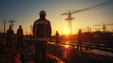 Poster - Silhouette workers on background of construction crews to work on construction of the extension of high - voltage towers. Generative AI.