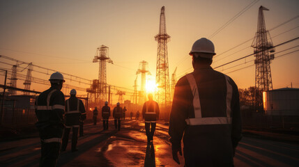 Poster - Silhouette workers on background of construction crews to work on construction of the extension of high - voltage towers. Generative AI.
