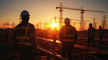 Poster - Silhouette workers on background of construction crews to work on construction of the extension of high - voltage towers. Generative AI.