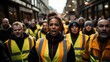 Several women and men angry dressed in yellow safety vests, Demonstrate against poverty. Generative AI.