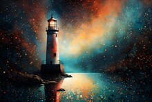 Light House With Shinning Dot Color Abstract Background In Black Color With Shinning Lights 