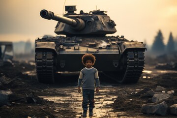 A crying black child playing with a war tank. Generative AI.