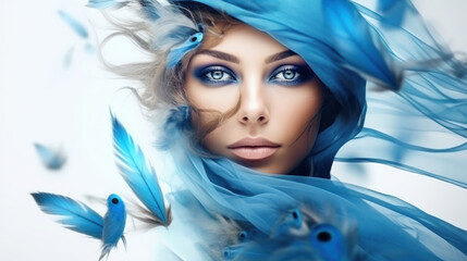 Wall Mural - Double exposure of fashion Arabian woman with blue eyes and flying bird. Beautiful female portrait