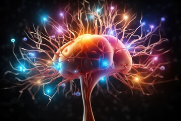 Poster - Brain with colorful neurons lights minimalist on black background. Generative AI.