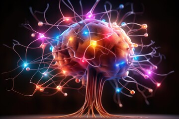Poster - Brain with colorful neurons lights minimalist on black background. Generative AI.