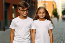 Portrait Of Two Small Children In White T-shirts On A City Street.
