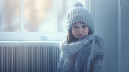 Wall Mural - Frozen sad little girl wearing a hat, scarf and sweater in her home next to a cold radiator