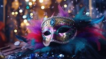 A colorful mask adorned with feathers and sequins hangs on the wall, ready to be worn for a festive celebration, Wide Angle Lenses, surrounding blur, stippling, FHD, hyper quality 