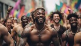 Fototapeta Fototapeta Londyn - Full body photography of a group of beautiful muscular men during the gay pride parade, include one black man, they are dancing and having fun, rainbow colors, 