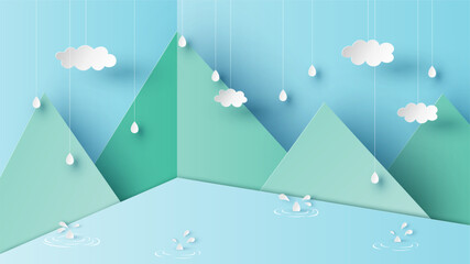 Wall Mural - Mountain in rainy season scenery on corner room. Mountain landscape. Rainy season. Paper cut and craft style. vector, illustration.