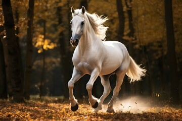 a white horse galloping in the field against the woods