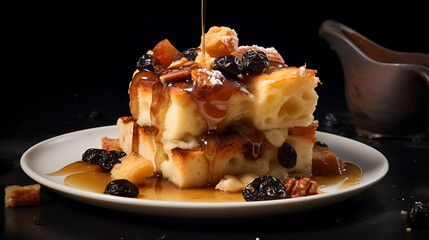 Wall Mural - bread pudding closeup on dark background