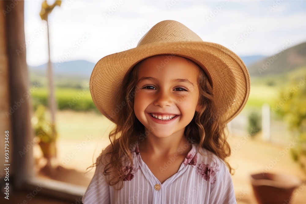 Portrait of a smiling little girl in a straw hat looking at the camera ...