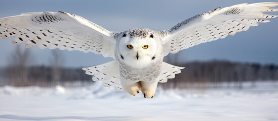 Wall Mural - Snowy owl hunting prey in Minnesota winter, flying low.