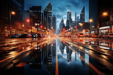 Wall Mural - Cityscape at night, rainy urban street, reflective puddles, blurred car lights, illuminated skyscrapers, moody atmosphere, long exposure, vibrant colors, dramatic sky, wet asphalt, 