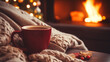 A cup of hot tea or coffee in front of fireplace and Christmas tree. Cozy home leisure and relaxation. Christmas concept