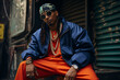 Male Model Rocks a Stylish Outfit with a Baggy Tracksuit, Trendy Sneakers, and a Gleaming Gold Chain – Embracing the Retro Fashion Vibes 90s Hip-Hop Swagger