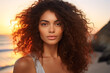 © Asiri - A Waist-Up Portrait of a Gorgeous 26-Year-Old Brazilian Woman, Capturing Natural Beauty, Soft Coral Lips, and Smooth-as-Silk Skin, with Loose Curly Hair, Panoramic View of the Sun Setting Over the Oc