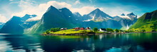 tranquility of rural with a fjord landscape, where calm waters reflect towering mountains and quaint villages.