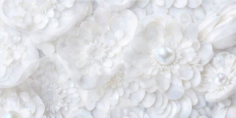 Wall Mural - elegant floral background with beautiful white flower pattern, luxury marble texture. floral rose ve
