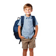 6 years old boy primary school student with backpack posing on a transparent background