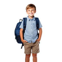 6 years old boy primary school student with backpack posing on a transparent background