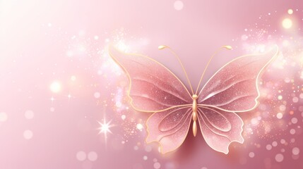 Wall Mural - golden butterfly sparkles on chic pink pastel - festive glitter tracery, trendy background template