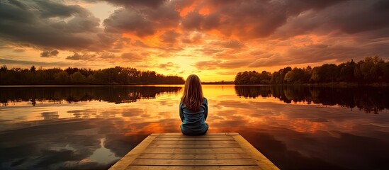 Little girl on pier watching sunset, reflected in lake.