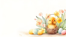 Easter chick in a basket with flowers and Easter eggs on a white background with space for text