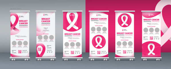 Wall Mural - Breast cancer awareness month october conference or seminar roll up banner, pull up banner, or x banner print template bundle