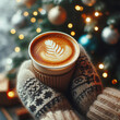 Hands holding a warm cup of coffee against the background of a Christmas tree with lights. Cozy home, atmospheric winter hygge. Woman's hands in mittens and a warm sweater hold a stylish mug under bok