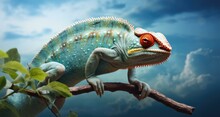 A Chameleon Is Sitting On A Branch With A Blue Sky In The Background. Generative AI.