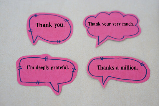 Pink paper bubble speech cards with text Thank you, Thank you very much, I'm deeply grateful, Thanks a million. Concept, teaching aid for English communication.