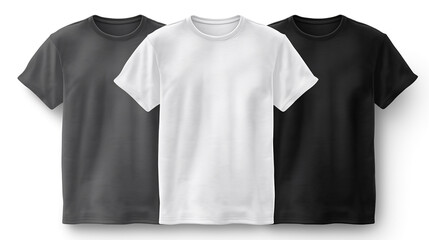 T-shirt set mockup. gray, black and white blank t-shirts isolated on transparent background. Mockup shirts for branding, design, advertising, commerce. Unisex fashion wear set