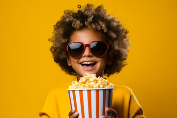 Sticker - Young girl wearing sunglasses and holding popcorn bucket with popcorn.