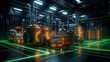 Large futuristic room or factory with technological blocks and pipes.  Neon lighting, laser beams, black walls and a glossy floor.  Green and yellow lights.  3d rendering