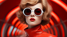 Woman With Red Lips And White Sunglasses On Her Head And Red Umbrella Behind Her.