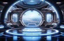 3D Futuristic Space Station Interior, Sleek Metallic Surfaces, Advanced Technology Panels