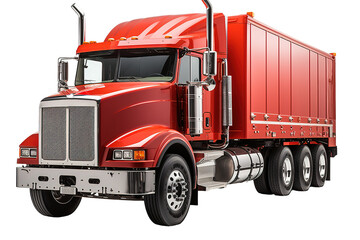 Large red American truck with a trailer type dump truck for transporting bulk cargo isolated on PNG Background. Generative Ai.