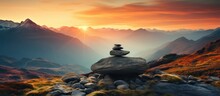 Serenity In Mountain Landscape With Stones And Silhouette Of Ridge On Sunset In Highlands Valley, Closeup, Vertical.