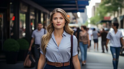 Wall Mural - a delightful young business woman walking along in a busy downtown street. generative AI