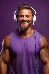 Poster - Man with beard wearing headphones and smiling.