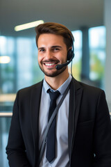 Poster - Man wearing headset and smiling for the camera.