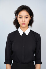 Poster - Woman in black shirt and white collared shirt.