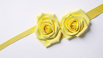 Yellow rose on white background with yellow ribbon. Wedding concept.