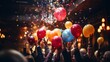 A lively adult birthday party with confetti, balloons