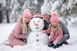 © olegganko - Cozy family, cheerful snowman building, rosy cheeks, and snowy playfulness