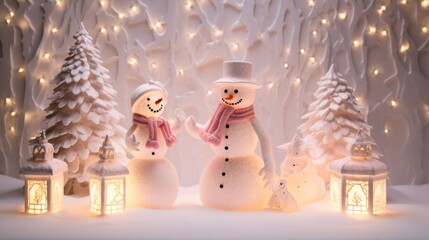 Cozy family, cheerful snowman building, rosy cheeks, and snowy playfulness